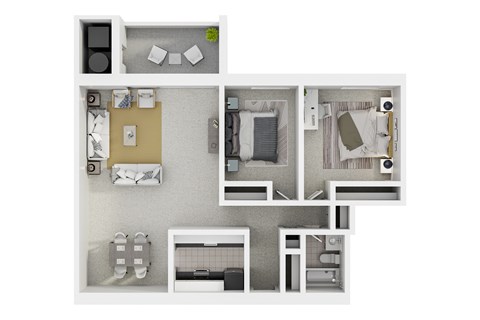 A diagram of a house layout with a kitchen, living room, and bathroom.